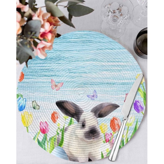 15 Inch Round Placemats Set of 4, Spring Easter Non Slip Heat Insulation PP Table Mats, Blue Botanical Tulip Rabbit Butterfly Washable Place Mats for Kitchen Dining Party Table Decor