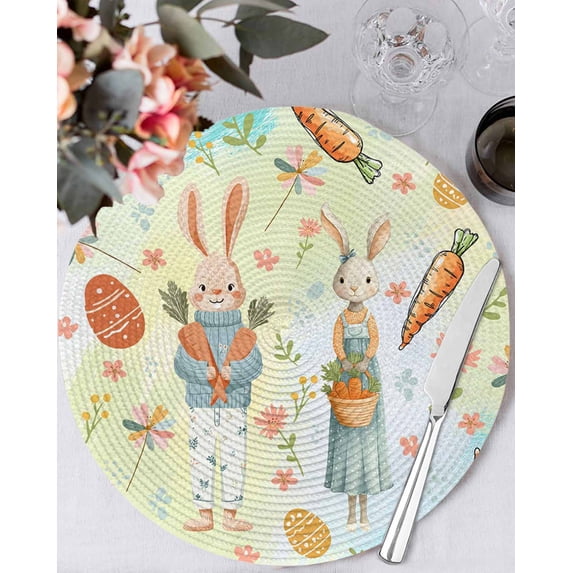 15 Inch Round Placemats Set of 4, Spring Easter Non Slip Heat Insulation PP Table Mats, Bunny Carrots Eggs Floral Botanical Colorful Washable Place Mats for Kitchen Dining Party Table Decor