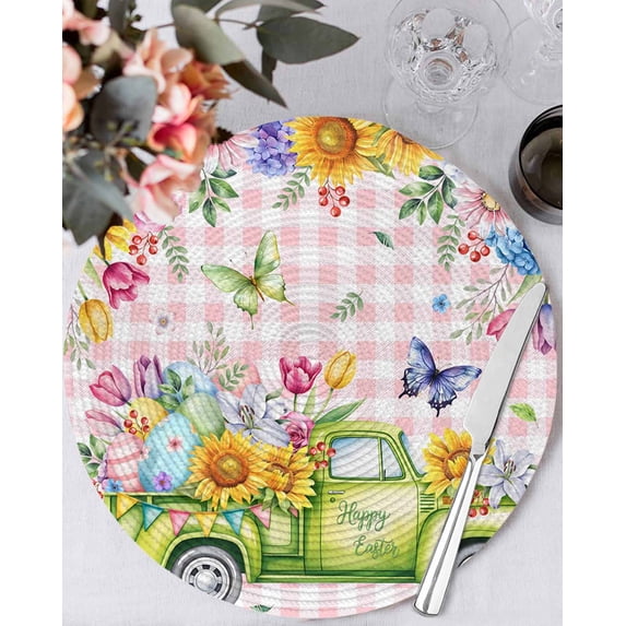15 Inch Round Placemats Set of 4, Spring Easter Non Slip Heat Insulation PP Table Mats, Colorful Eggs Floral Truck Butterflies Pink Plaid Washable Place Mats for Kitchen Dining Party Table Decor