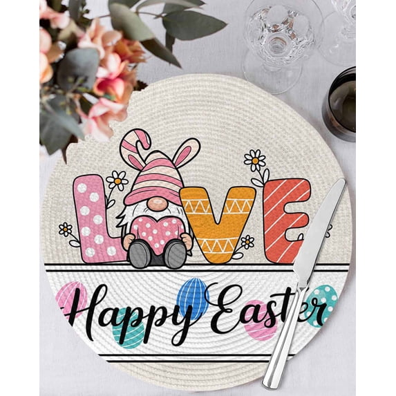 15 Inch Round Placemats Set of 4, Spring Easter Non Slip Heat Insulation PP Table Mats, Colorful Gnomes Rabbits Eggs Flowers Love Beige Washable Place Mats for Kitchen Dining Party Table Decor