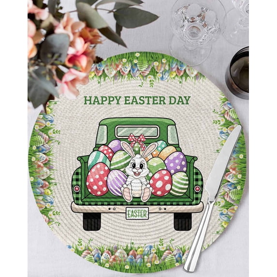 15 Inch Round Placemats Set of 4, Spring Easter Non Slip Heat Insulation PP Table Mats, Easter Eggs Bunny Truck Botanical Burlap Washable Place Mats for Kitchen Dining Party Table Decor