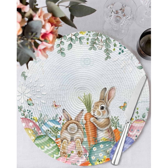 15 Inch Round Placemats Set of 4, Spring Easter Non Slip Heat Insulation PP Table Mats, Rabbit Eggs Eucalyptus Leaf Floral Butterfly Washable Place Mats for Kitchen Dining Party Table Decor