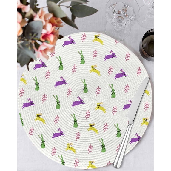15 Inch Round Placemats Set of 4, Spring Easter Non Slip Heat Insulation PP Table Mats, Yellow Green Purple Bunny Botanical Washable Place Mats for Kitchen Dining Party Table Decor