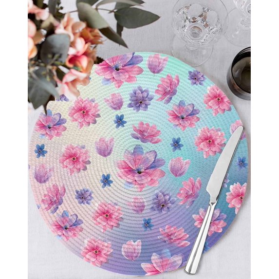 15 Inch Round Placemats Set of 4, Spring Floral Non Slip Heat Insulation PP Table Mats, Purple Pink Blue Flower Botanical Ombre Washable Place Mats for Kitchen Dining Party Table Decor