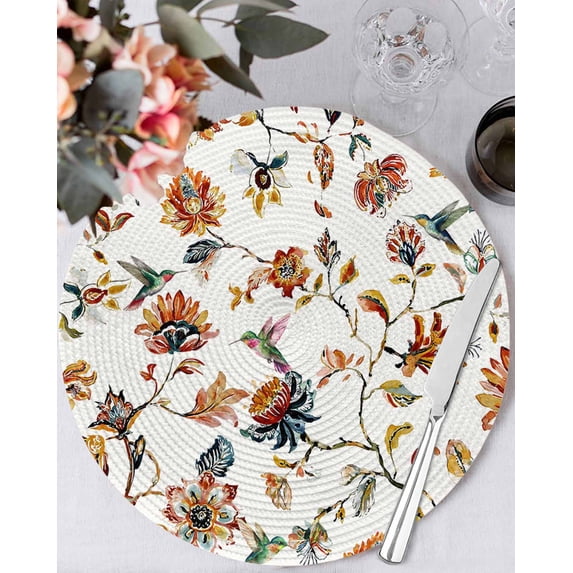 15 Inch Round Placemats Set of 4, Spring Floral Non Slip Heat Insulation PP Table Mats, Summer Botanical Flowers Vintage Birds Washable Place Mats for Kitchen Dining Party Table Decor