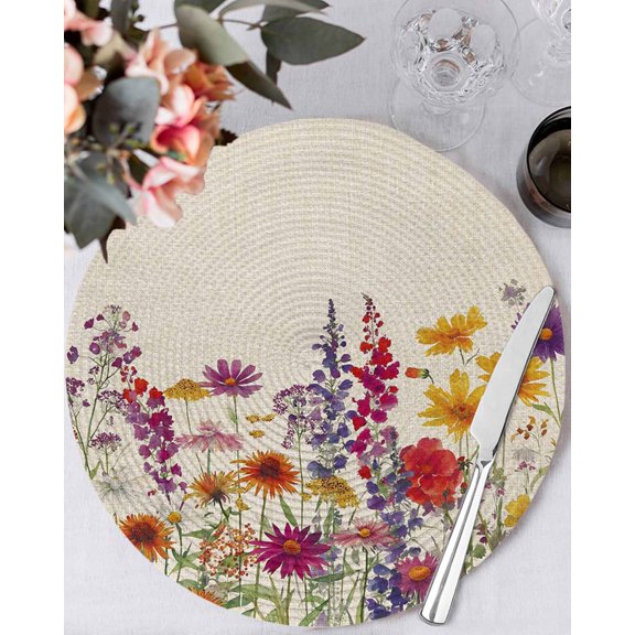 15 Inch Round Placemats Set of 4, Spring Floral Non Slip Heat Insulation PP Table Mats, Watercolor Lavender Daisy Flowers Plants Beige Washable Place Mats for Kitchen Dining Party Table Decor