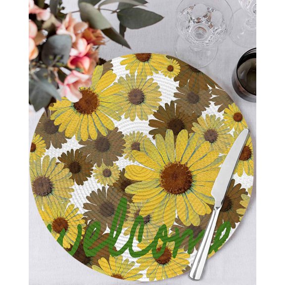15 Inch Round Placemats Set of 4, Spring Flowers Non Slip Heat Insulation PP Table Mats, Farmhouse Botanical Brown Yellow Daisy Washable Place Mats for Kitchen Dining Party Table Decor