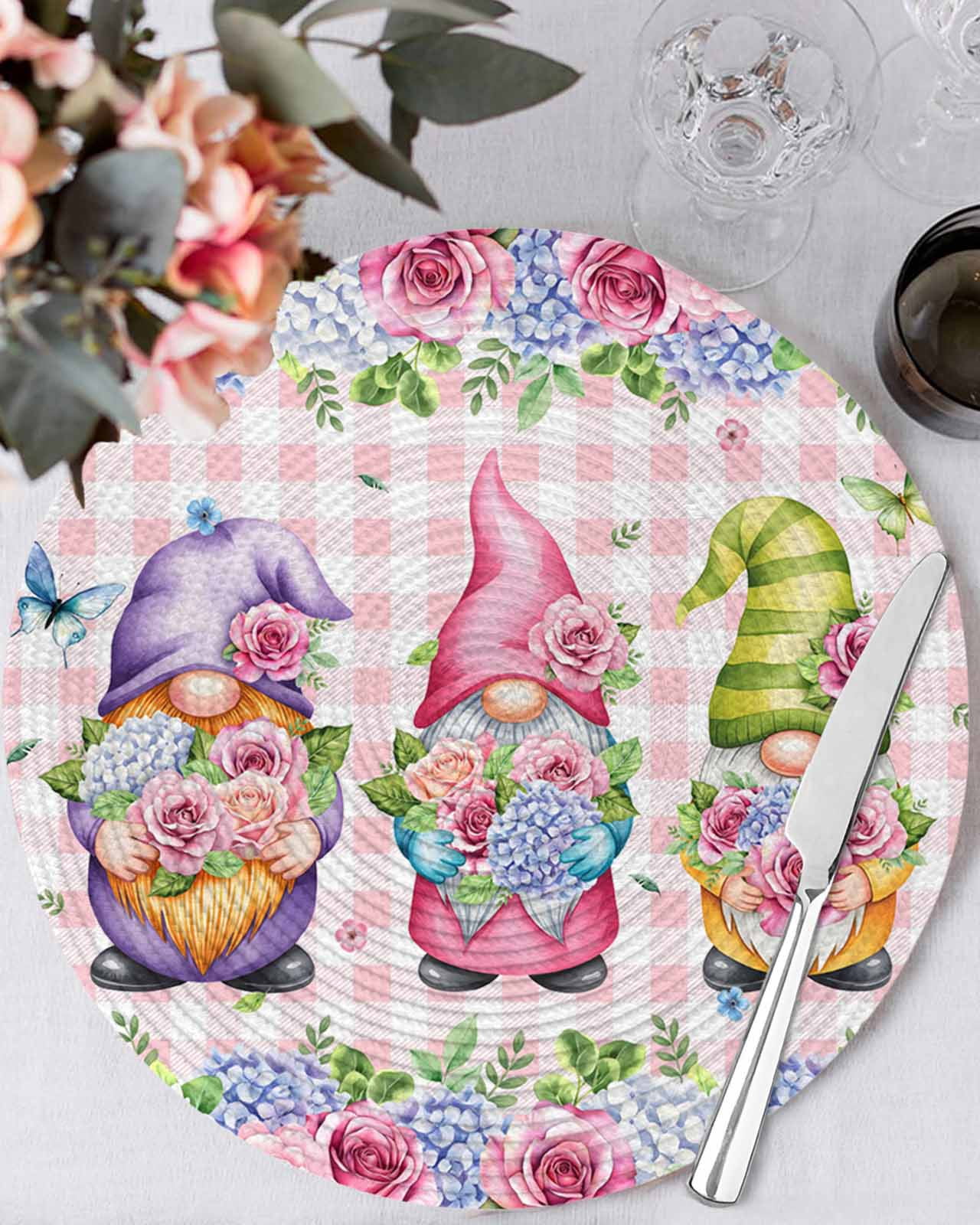 15 Inch Round Placemats Set of 4, Spring Gnomes Non Slip Heat ...