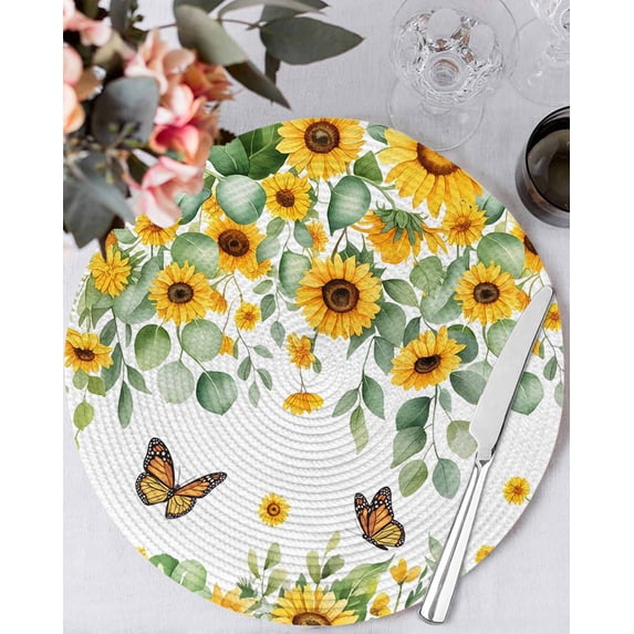 15 Inch Round Placemats Set of 4, Spring Sunflowers Non Slip Heat Insulation PP Table Mats, Eucalyptus Leaves Flowers Butterfly Washable Place Mats for Kitchen Dining Party Table Decor