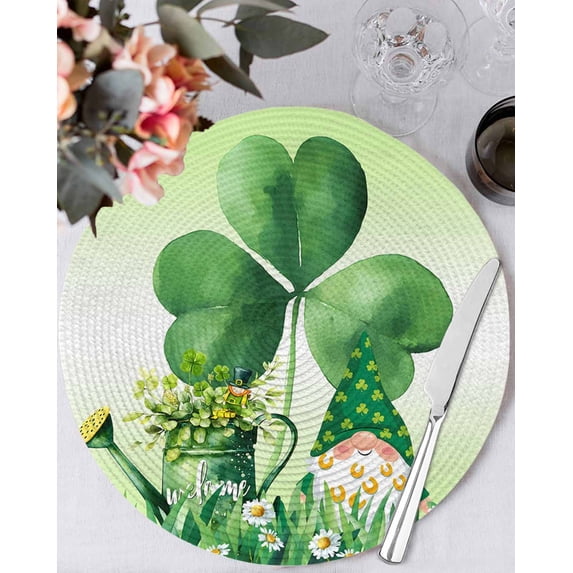 15 Inch Round Placemats Set of 4, St. Patrick's Day Non Slip Heat Insulation PP Table Mats, Green Shamrock Gnomes Watering Can Plants Washable Place Mats for Kitchen Dining Party Table Decor