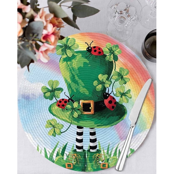 15 Inch Round Placemats Set of 4, St. Patrick's Day Non Slip Heat Insulation PP Table Mats, Green Shamrock Hat Ladybirds Daisy Rainbow Washable Place Mats for Kitchen Dining Party Table Decor