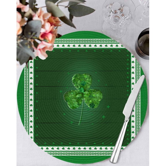 15 Inch Round Placemats Set of 4, St. Patrick's Day Non Slip Heat Insulation PP Table Mats, Green Shamrock Wooden Spring Washable Place Mats for Kitchen Dining Party Table Decor