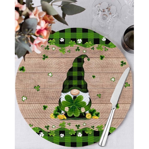 15 Inch Round Placemats Set of 4, St. Patrick's Day Non Slip Heat Insulation PP Table Mats, Green Shamrocks Gnomes Plaid Wood Washable Place Mats for Kitchen Dining Party Table Decor