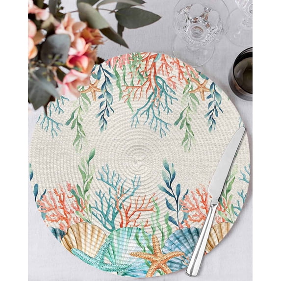 15 Inch Round Placemats Set of 4, Summer Ocean Non Slip Heat Insulation PP Table Mats, Watercolor Coastal Coral Shell Seaweed Beige Washable Place Mats for Kitchen Dining Party Table Decor