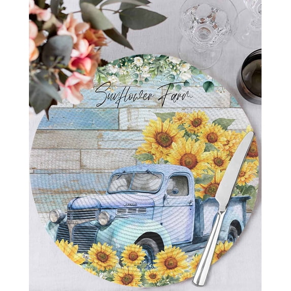 15 Inch Round Placemats Set of 4, Sunflowers Trucks Non Slip Heat Insulation PP Table Mats, Spring Farmhouse Eucalyptus Teal Wood Washable Place Mats for Kitchen Dining Party Table Decor