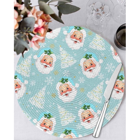 15 Inch Round Placemats Set of 4, Teal Blue Christmas Non Slip Heat Insulation PP Table Mats, Santa Xmas Tree Snowflake Winter Washable Place Mats for Kitchen Dining Party Table Decor