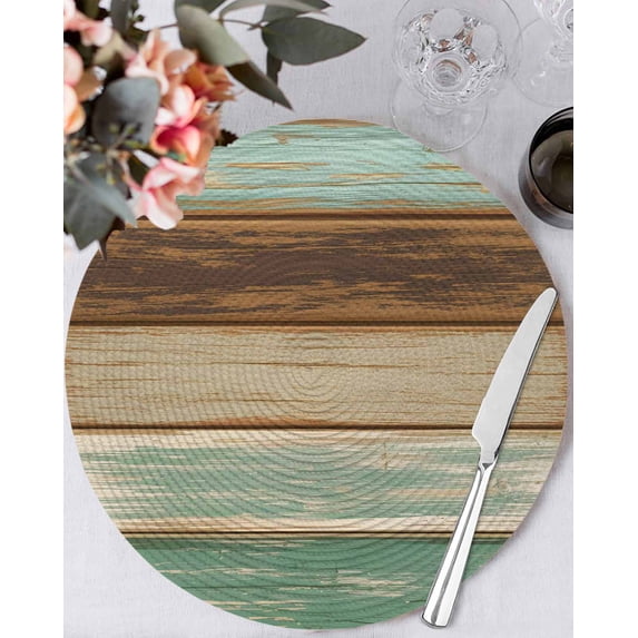 15 Inch Round Placemats Set of 4, Teal Brown Non Slip Heat Insulation PP Table Mats, Farmhouse Rustic Wooden Plank Board Washable Place Mats for Kitchen Dining Party Table Decor