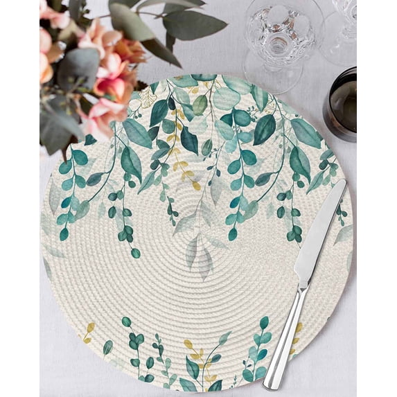 15 Inch Round Placemats Set of 4, Teal Green Eucalyptus Non Slip Heat Insulation PP Table Mats, Farmhouse Weeping Leaves Linen Washable Place Mats for Kitchen Dining Party Table Decor