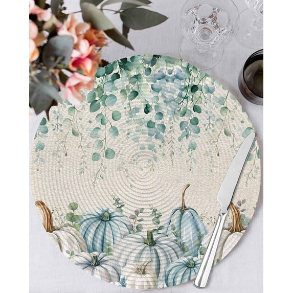 15 Inch Round Placemats Set of 4, Teal Grey Pumpkin Fall Non Slip Heat Insulation PP Table Mats, Thanksgiving Eucalyptus Leaves Washable Place Mats for Kitchen Dining Party Table Decor