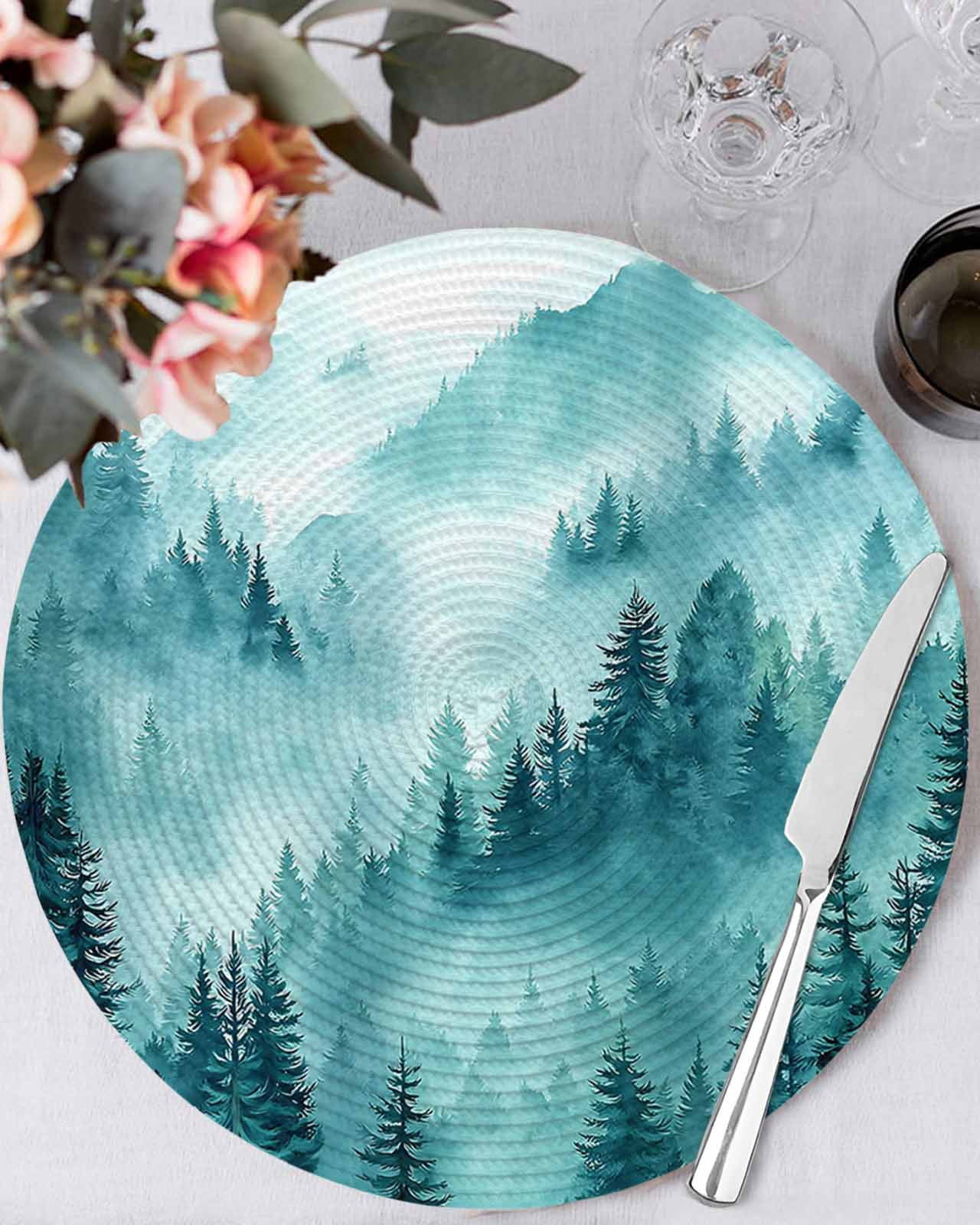 15 Inch Round Placemats Set of 4, Teal Mountain Non Slip Heat ...