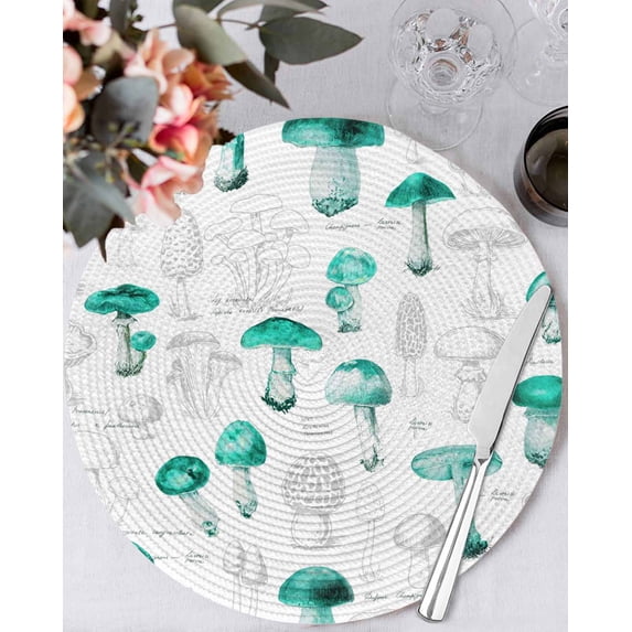 15 Inch Round Placemats Set of 4, Teal Mushroom Non Slip Heat Insulation PP Table Mats, Vintage Botanical Autumn Farmhouse Washable Place Mats for Kitchen Dining Party Table Decor