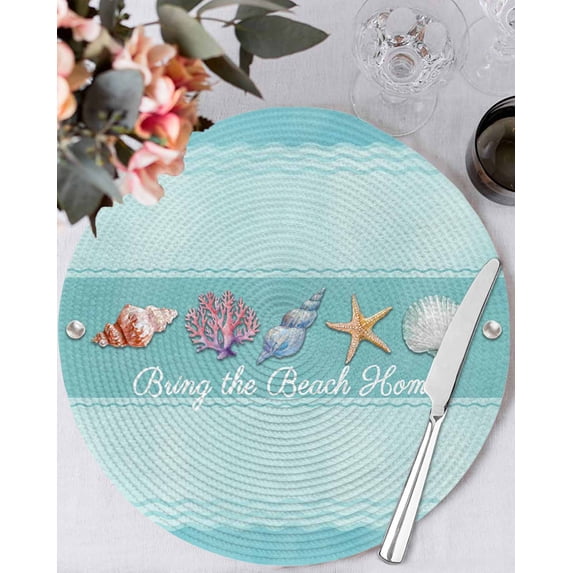 15 Inch Round Placemats Set of 4, Teal Summer Coastal Non Slip Heat Insulation PP Table Mats, Modern Ocean Waves Starfish Shell Washable Place Mats for Kitchen Dining Party Table Decor