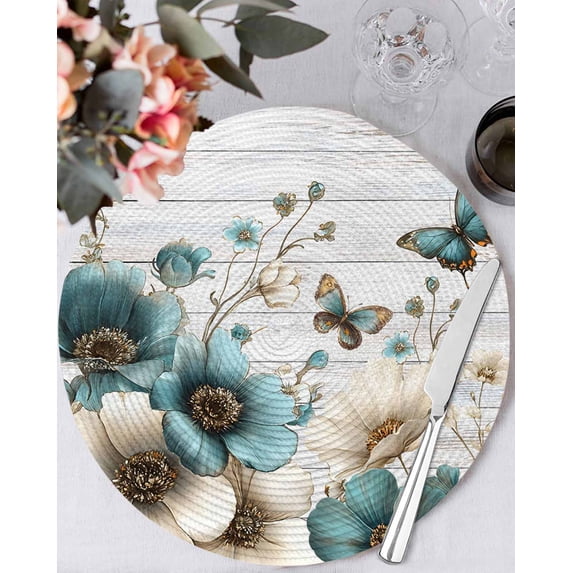 15 Inch Round Placemats Set of 4, Teal Tulip Butterfly Non Slip Heat Insulation PP Table Mats, Beige Turquoise Floral Grey Wooden Washable Place Mats for Kitchen Dining Party Table Decor