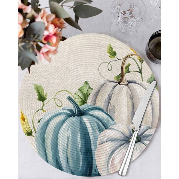 15 Inch Round Placemats Set of 4, Thanksgiving Fall Non Slip Heat Insulation PP Table Mats, Blue White Pumpkin Leaves Floral Washable Place Mats for Kitchen Dining Party Table Decor
