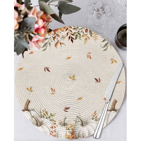 15 Inch Round Placemats Set of 4, Thanksgiving Non Slip Heat Insulation PP Table Mats, Autumn Pumpkin Fall Maple Leaves Eucalyptus Washable Place Mats for Kitchen Dining Party Table Decor