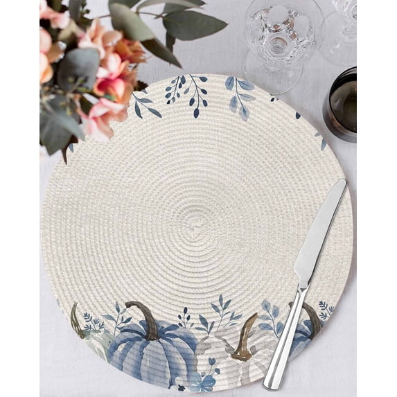 15 Inch Round Placemats Set of 4, Thanksgiving Non Slip Heat Insulation PP Table Mats, Fall Country Blue White Pumpkin Leaves Washable Place Mats for Kitchen Dining Party Table Decor