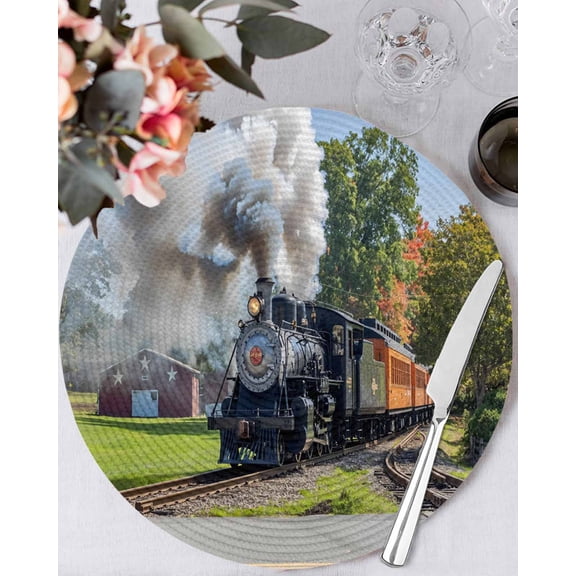 15 Inch Round Placemats Set of 4, Train Railway Non Slip Heat Insulation PP Table Mats, Countryside Cabin Trees Farmhouse Rustic Washable Place Mats for Kitchen Dining Party Table Decor