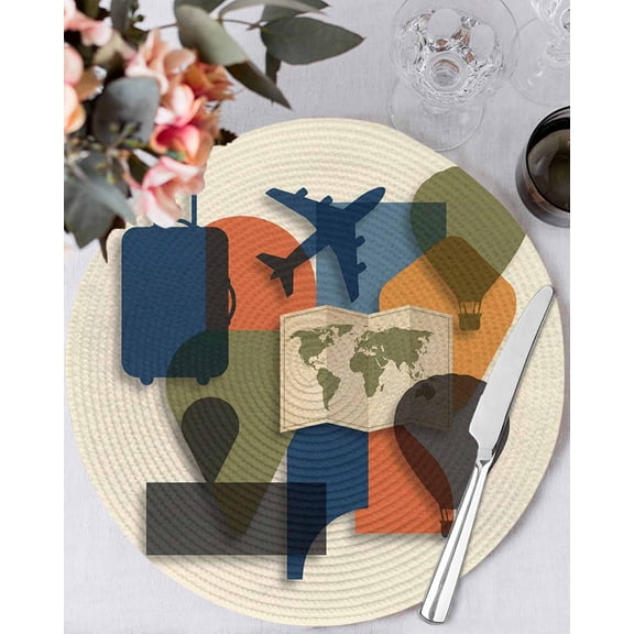 15 Inch Round Placemats Set of 4, Travel Adventure Non Slip Heat Insulation PP Table Mats, Modern Maps Luggage Hot Balloons Washable Place Mats for Kitchen Dining Party Table Decor