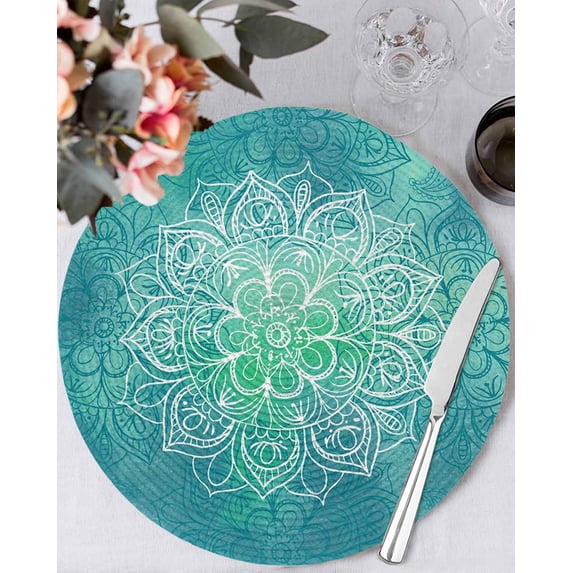 15 Inch Round Placemats Set of 4, Turquoise Boho Non Slip Heat Insulation PP Table Mats, Oriental Abstract Motifs Traditional Bohemian Washable Place Mats for Kitchen Dining Party Table Decor