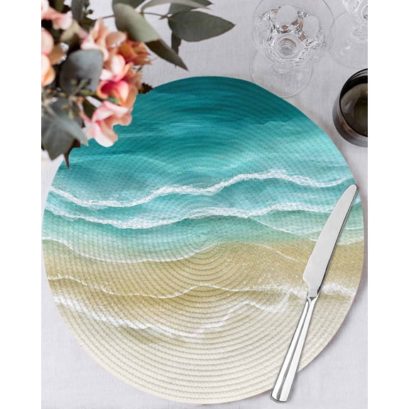 15 Inch Round Placemats Set of 4, Turquoise Summer Beach Coastal Non Slip Heat Insulation PP Table Mats, Nautical Beige Seaside Washable Place Mats for Kitchen Dining Party Table Decor