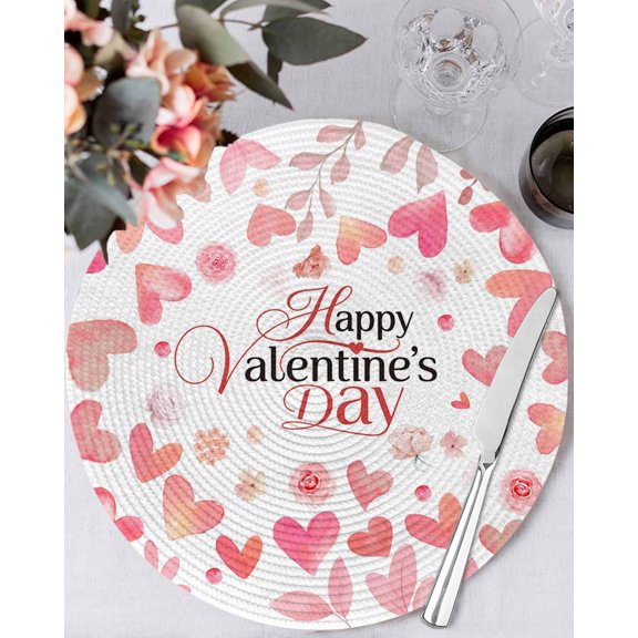 15 Inch Round Placemats Set of 4, Valentine's Day Non Slip Heat Insulation PP Table Mats, Peach Pink Love Floral Modern Romantic Washable Place Mats for Kitchen Dining Party Table Decor