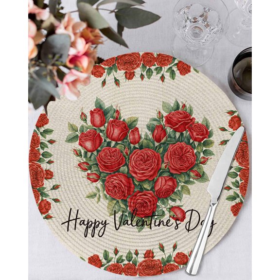 15 Inch Round Placemats Set of 4, Valentine's Day Non Slip Heat Insulation PP Table Mats, Red Heart Roses Leaves Love Rustic Beige Washable Place Mats for Kitchen Dining Party Table Decor