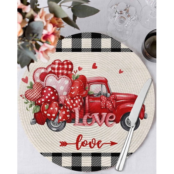15 Inch Round Placemats Set of 4, Valentine's Day Non Slip Heat Insulation PP Table Mats, Red Loves Truck Romantic Buffalo Plaid Beige Washable Place Mats for Kitchen Dining Party Table Decor