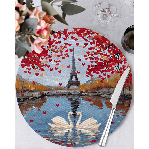 15 Inch Round Placemats Set of 4, Valentine's Day Non Slip Heat Insulation PP Table Mats, Romantic Swan Love Hearts Leaves Lake Washable Place Mats for Kitchen Dining Party Table Decor