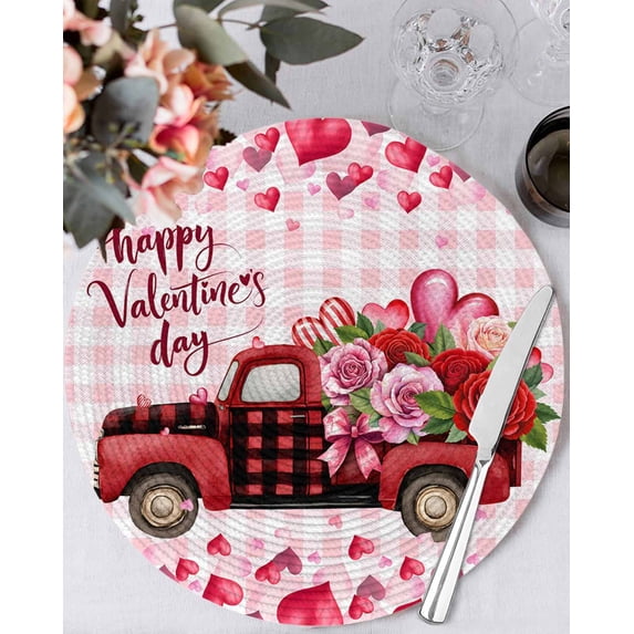 15 Inch Round Placemats Set of 4, Valentine's Day Non Slip Heat Insulation PP Table Mats, Roses Car Love Hearts Romantic Pink Plaid Washable Place Mats for Kitchen Dining Party Table Decor