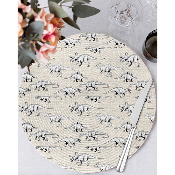 15 Inch Round Placemats Set of 4, Vintage Dinosaur Non Slip Heat Insulation PP Table Mats, Primitive Animals Wildlife Hand-painting Beige Washable Place Mats for Kitchen Dining Party Table Decor