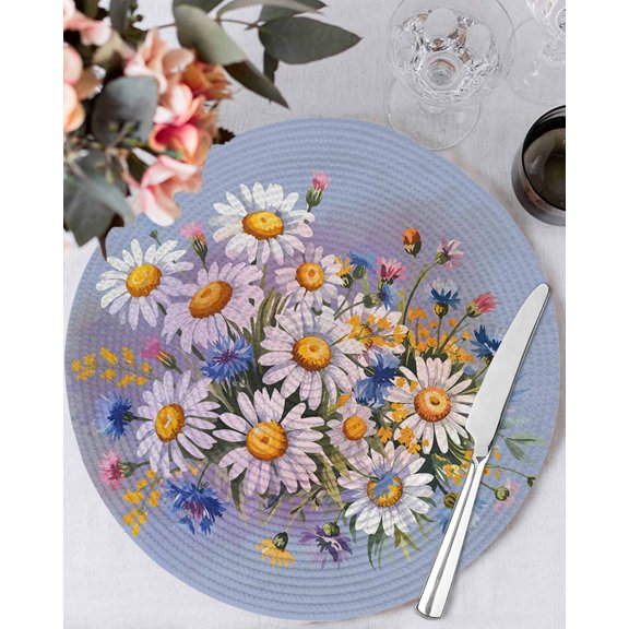15 Inch Round Placemats Set of 4, Watercolor Flowers Non Slip Heat Insulation PP Table Mats, Farmhouse Spring Botanical Daisy Plants Washable Place Mats for Kitchen Dining Party Table Decor
