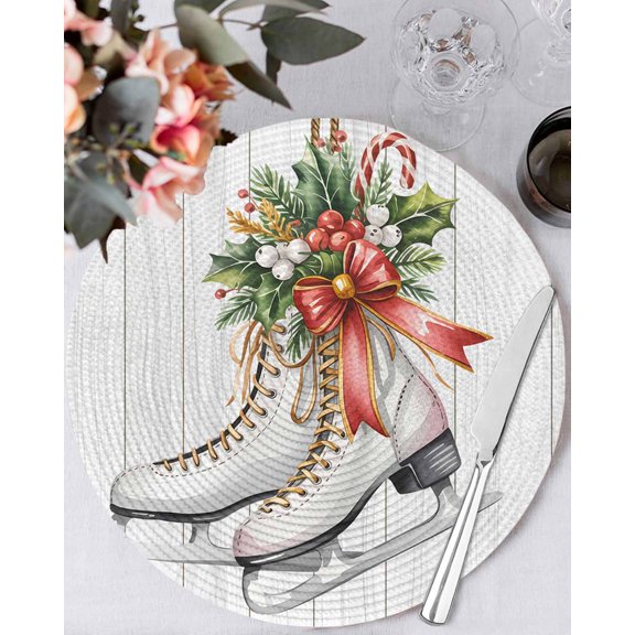 15 Inch Round Placemats Set of 4, White Ice Skates Non Slip Heat Insulation PP Table Mats, Christmas Pine Needles Botanical Wood Washable Place Mats for Kitchen Dining Party Table Decor