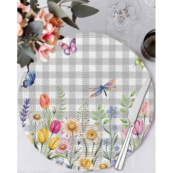 15 Inch Round Placemats Set of 4, Wildflowers Non Slip Heat Insulation PP Table Mats, Spring Watercolor Tulip Floral Leaf Grey Plaid Washable Place Mats for Kitchen Dining Party Table Decor