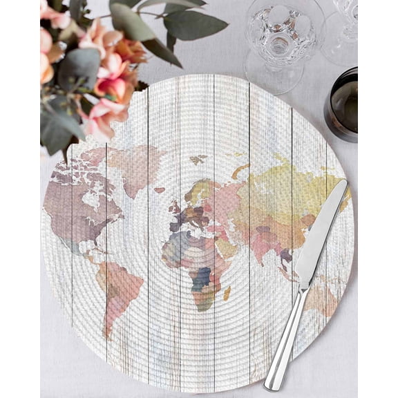 15 Inch Round Placemats Set of 4, World Map Non Slip Heat Insulation PP Table Mats, Farmhouse Abstract Illustration Wooden Grain Washable Place Mats for Kitchen Dining Party Table Decor