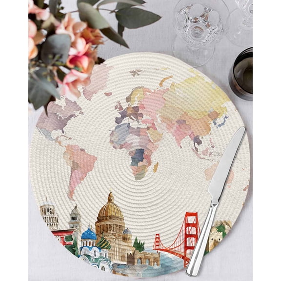 15 Inch Round Placemats Set of 4, World Map Non Slip Heat Insulation PP Table Mats, Farmhouse Famous Building Tourism Bridge Washable Place Mats for Kitchen Dining Party Table Decor