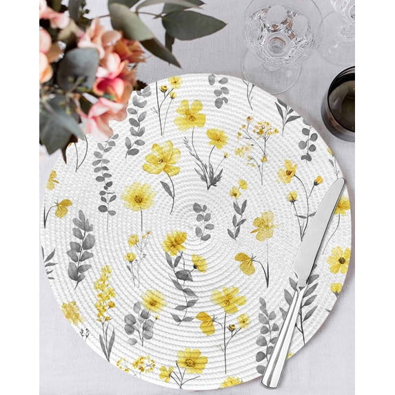 15 Inch Round Placemats Set of 4, Yellow Spring Floral Non Slip Heat Insulation PP Table Mats, Flowers Botanical Elegant Pastoral Washable Place Mats for Kitchen Dining Party Table Decor