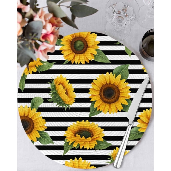 15 Inch Round Placemats Set of 4, Yellow Sunflowers Non Slip Heat Insulation PP Table Mats, Spring Floral Black Stripes Farmhouse Washable Place Mats for Kitchen Dining Party Table Decor