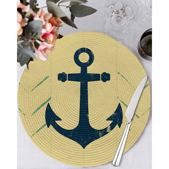 15 Inch Round Placemats Set of 6, Anchor Coastal Non Slip Heat Insulation PP Table Mats, Nautical Navy Blue Beige Ocean Washable Place Mats for Kitchen Dining Party Table Decor
