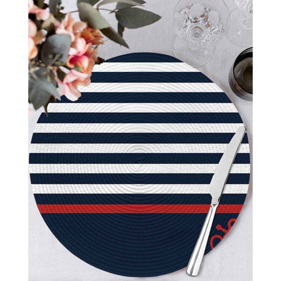 15 Inch Round Placemats Set of 6, Anchor Navy Blue Non Slip Heat Insulation PP Table Mats, Red Nautical White Geometric Stripes Washable Place Mats for Kitchen Dining Party Table Decor