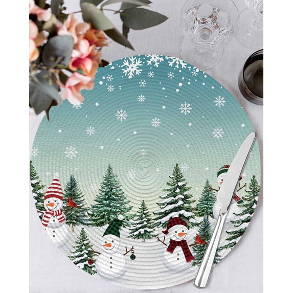 15 Inch Round Placemats Set of 6, Aurora Christmas Snowman Non Slip Heat Insulation PP Table Mats, Xmas Snowflake Tree Winter Washable Place Mats for Kitchen Dining Party Table Decor